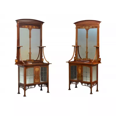 Einzigartiges Paar von Jugendstil Schränken aus Mahagoni mit großem geteilten Spiegel antik ca. 1900
