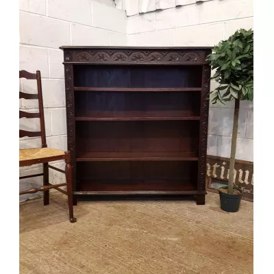 Offenes Bücherregal antik Eiche Massivholzregal mit Schnitzereien am Rand, ca. 1890
