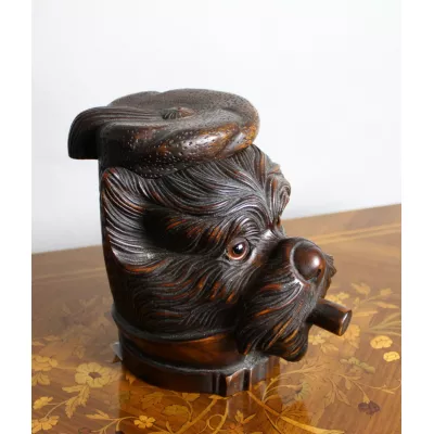 Antikes Tabak Gefäß / Tobacco Jar / im Scottish Terrier Design, black forest carved, ca. 1900