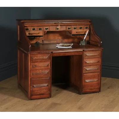 Antiker englischer Büro Rolltop Schreibtisch Eiche mit Schiebetambour ca. 1910