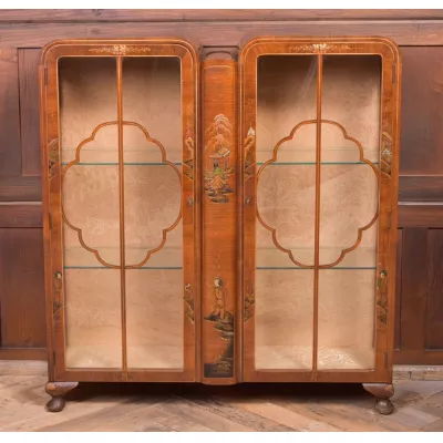 walnut chinoiserie decorated display cabinet