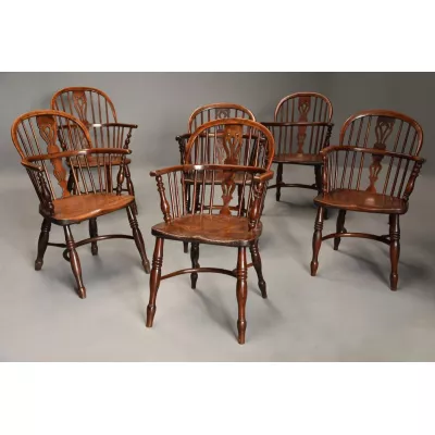 Antikes Set aus sechs Windsor Amrlehnenstühle, mit niedriger Rückenlehne aus Eibe, ca. 1840