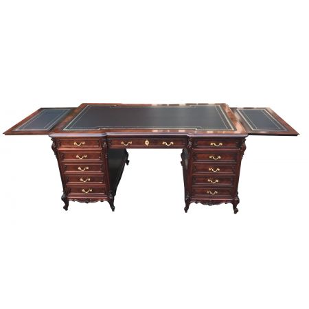 Antiker französischer Pedestal Desk Schreibtisch aus Palisander Massivholz mit Kunstvollen Schnitzereien und Veilchenholz Einlegearbeiten - 