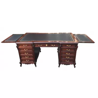 Antiker französischer Pedestal Desk Schreibtisch aus Palisander Massivholz mit Kunstvollen Schnitzereien und Veilchenholz Einlegearbeiten - 