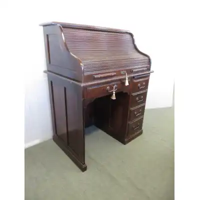 Antiker Mahagoni Rollstop -Schreibtisch mit Knieausschnitt & Rollverschluss – ca. 1910