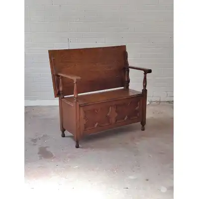 Geometrische Eichen Sitzbank – Antike Bank mit Klappfach