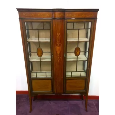 Sheraton Revival Intarsien Mahagoni-Vitrine England 1890
