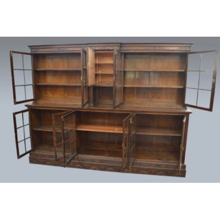 Großer Bücherschrank mit zehn Türenlarge aus geschnitzem Eichenholz, Edwardian 1890