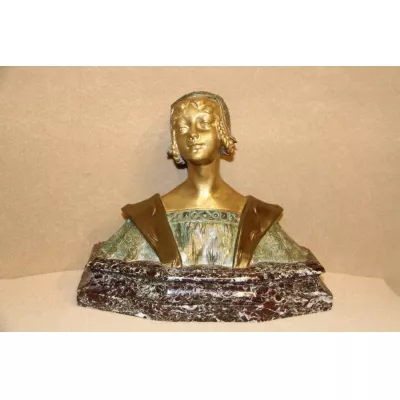 Französische Bronzebüste einer mittelalterlichen Jungfrau, ca. 1900