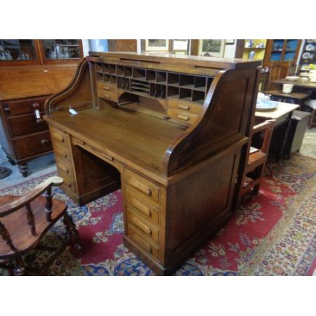 Antiken Eichenholz Schreibtisch Simpoles Manchester mit Rolldach orginal 1900