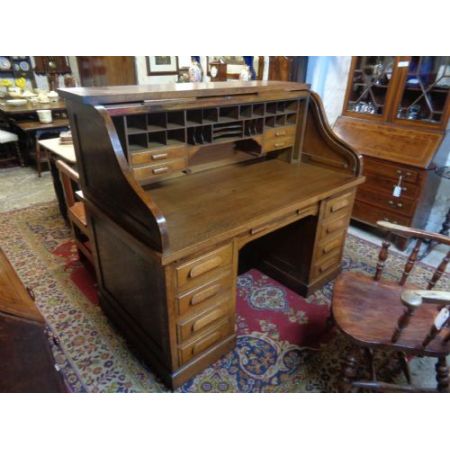 Antiken Eichenholz Schreibtisch Simpoles Manchester mit Rolldach orginal 1900