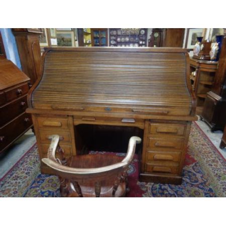 Antiken Eichenholz Schreibtisch Simpoles Manchester mit Rolldach orginal 1900