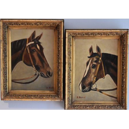 Wundervolles Paarfrüher Volkskunst, Ölgemälde von Pferden, 1884