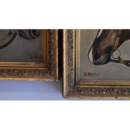 Wundervolles Paarfrüher Volkskunst, Ölgemälde von Pferden, 1884