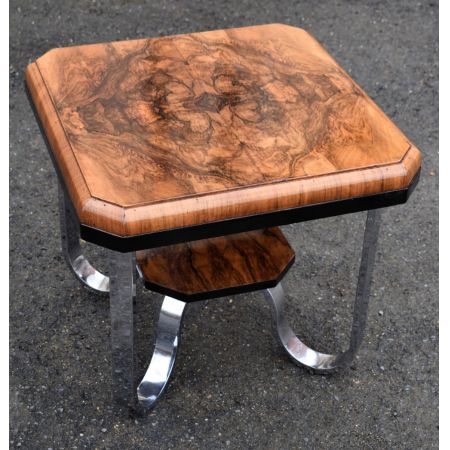 Englischer antiker Art Deco Beistelltisch, Walnuss und chromiert, 1930