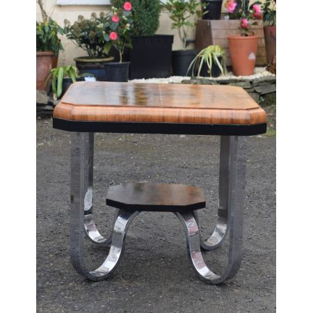 Englischer antiker Art Deco Beistelltisch, Walnuss und chromiert, 1930