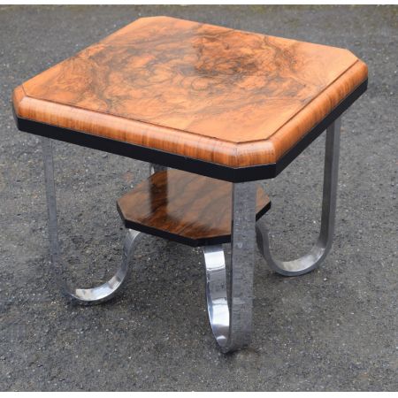 Englischer antiker Art Deco Beistelltisch, Walnuss und chromiert, 1930