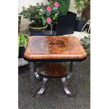 Englischer antiker Art Deco Beistelltisch, Walnuss und chromiert, 1930