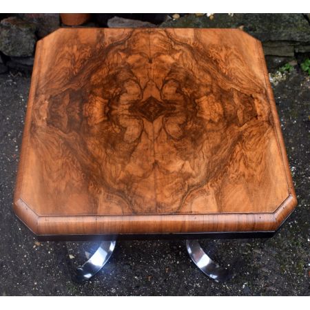 Englischer antiker Art Deco Beistelltisch, Walnuss und chromiert, 1930