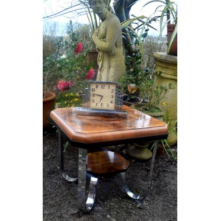 Englischer antiker Art Deco Beistelltisch, Walnuss und chromiert, 1930