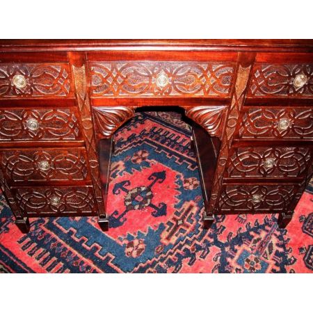 Viktorianischer antiker, geschnitzter Mahagonischreibtisch, Pedestal Desk, Ledertop, Viktorianisch 19. Jahrhundert