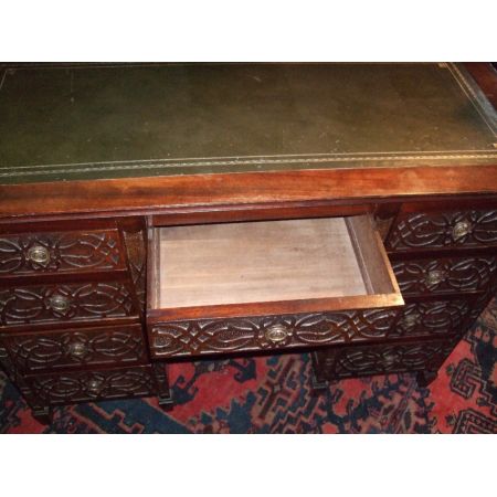 Viktorianischer antiker, geschnitzter Mahagonischreibtisch, Pedestal Desk, Ledertop, Viktorianisch 19. Jahrhundert