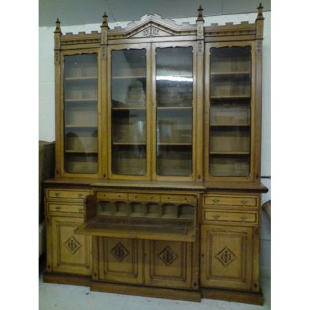 Ästhetischer Breakfront Bücherschrank, mit integriertem Sekretär, Eiche 1870