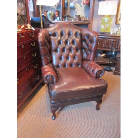 Atemberaubender Edwardian Wing Armchair, Leder mit Knöpfen