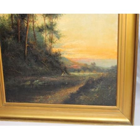 Original antikes Ölgemälde auf Leinwand, Landschaftsmalerei, vergoldeter Rahmen, 1920