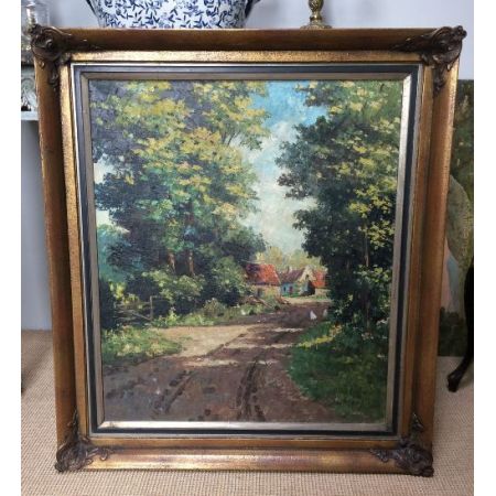 Tolles Ölgemälde, Hühner auf einer Landstraße, 1910