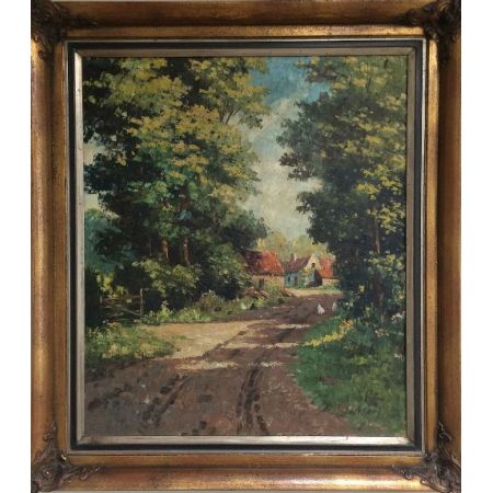 Tolles Ölgemälde, Hühner auf einer Landstraße, 1910