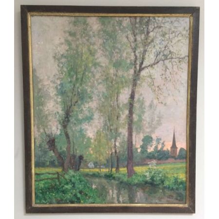 Antikes Ölgemälde, Ein Fluss im Sommer, 1930, Oswald Poreau