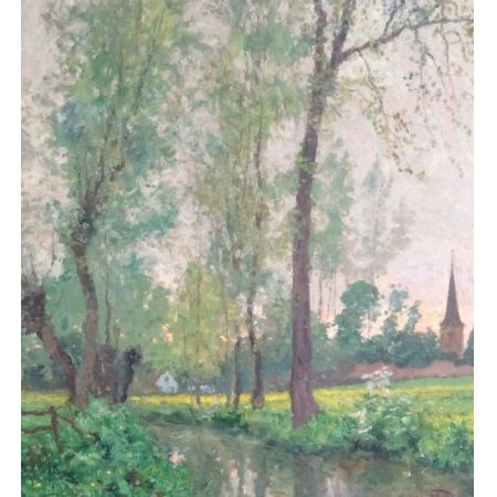 Antikes Ölgemälde, Ein Fluss im Sommer, 1930, Oswald Poreau