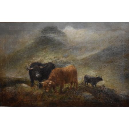Antikes Ölgemälde auf Leinwand, zeigt die Highland-Rinder, von John W. Morris, 1900