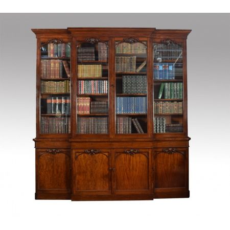 Viktorianischer Mahagoni Breakfront Bücherschrank antik mit Sekretär massiv 1850