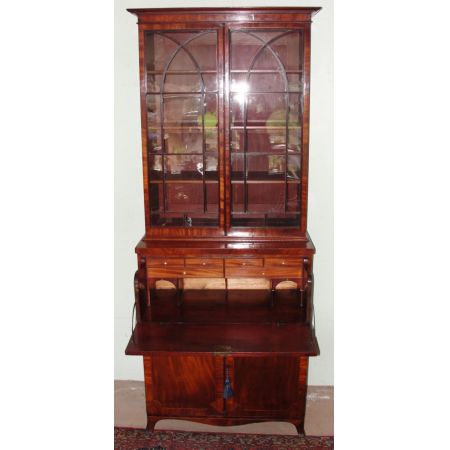 Antiker Schmaler original englischer georgischer Mahagoni Massivholz Sekretär mit Bücherregalaufsatz bureau bookcase um 1810