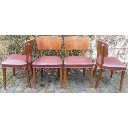 Englischer Satz von vier Art Deko Nussbaum Massivholz Esszimmer Stühlen antik von ca. 1930