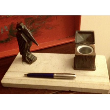 Antikes Art Deco  Pelikan Stifthalter Tintenfass Bronze Marmor 1930