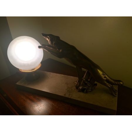 Original antike Art Deco Figur Bronze Marmor Windhund Lampe englisch ca 1930