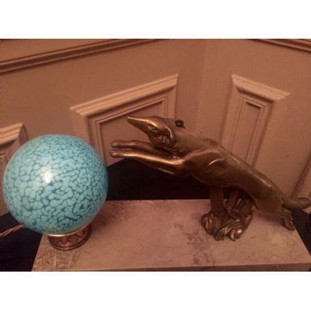 Original antike Art Deco Figur Bronze Marmor Windhund Lampe englisch ca 1930