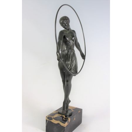 Original antike französische Bronze Figur "Tänzerin mit Reifen" Le Faguays ca 1930