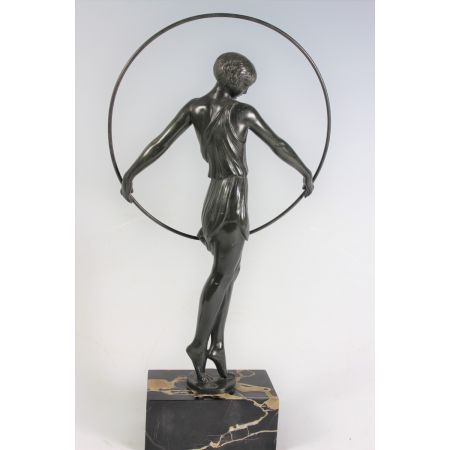 Original antike französische Bronze Figur "Tänzerin mit Reifen" Le Faguays ca 1930