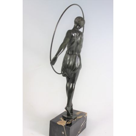 Original antike französische Bronze Figur "Tänzerin mit Reifen" Le Faguays ca 1930