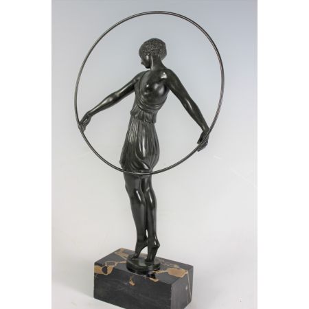 Original antike französische Bronze Figur "Tänzerin mit Reifen" Le Faguays ca 1930