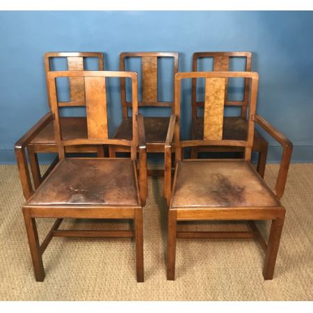 5 Stk original antike englische Nussbaum Stühle Leder Küchenstühle Heals ca 1930