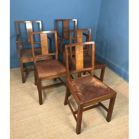 5 Stk original antike englische Nussbaum Stühle Leder Küchenstühle Heals ca 1930