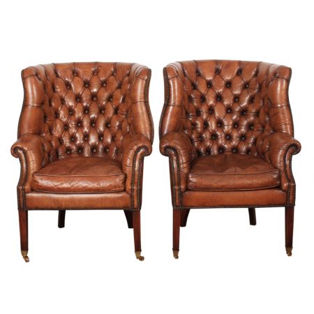 Georgianische Ohrensessel Echtleder Chesterfield Sessel Leder ca 1920