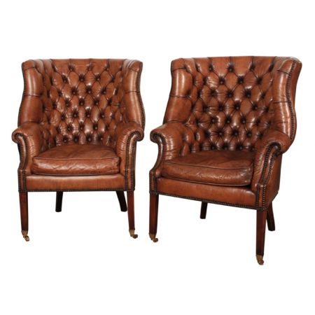 Georgianische Ohrensessel Echtleder Chesterfield Sessel Leder ca 1920