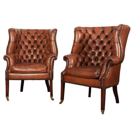 Georgianische Ohrensessel Echtleder Chesterfield Sessel Leder ca 1920