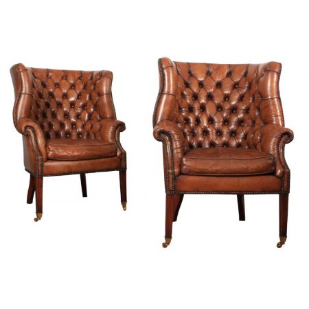 Georgianische Ohrensessel Echtleder Chesterfield Sessel Leder ca 1920